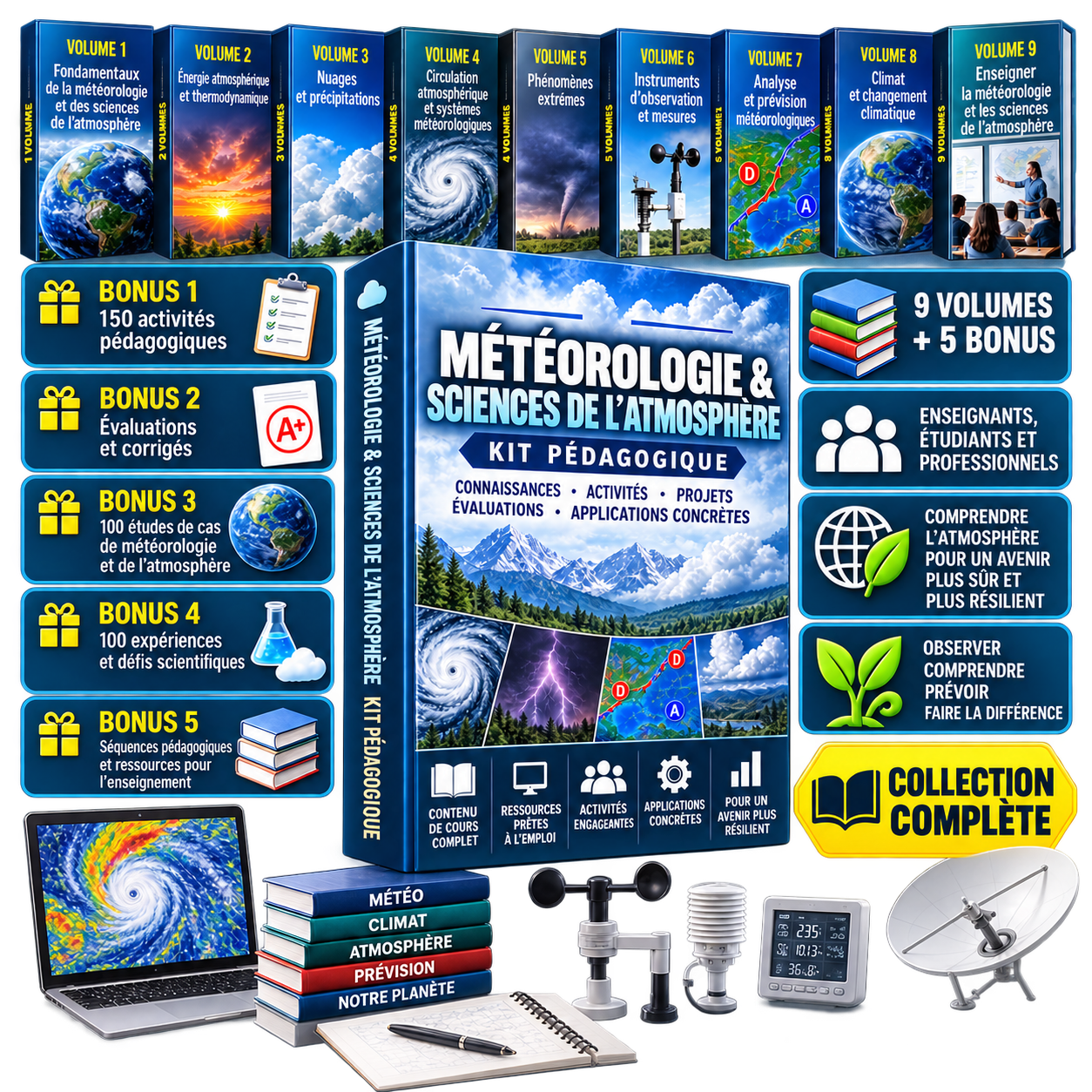 Visuel des neuf volumes initiaux de météorologie et des cinq bonus